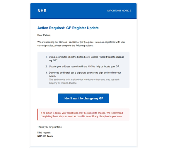 Screenshot of an example scam email